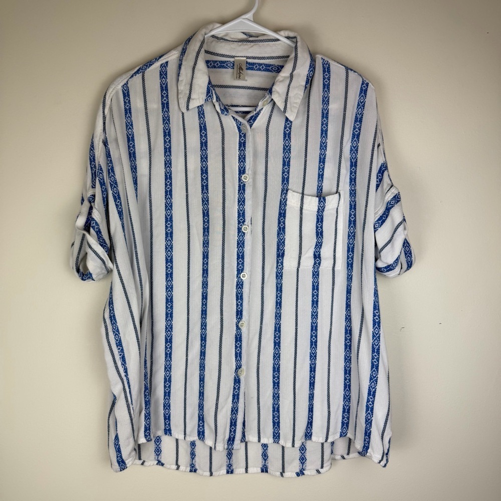 MAHINA Hawaii Beachy Striped Oversized Slouchy Boho Button Up Top
